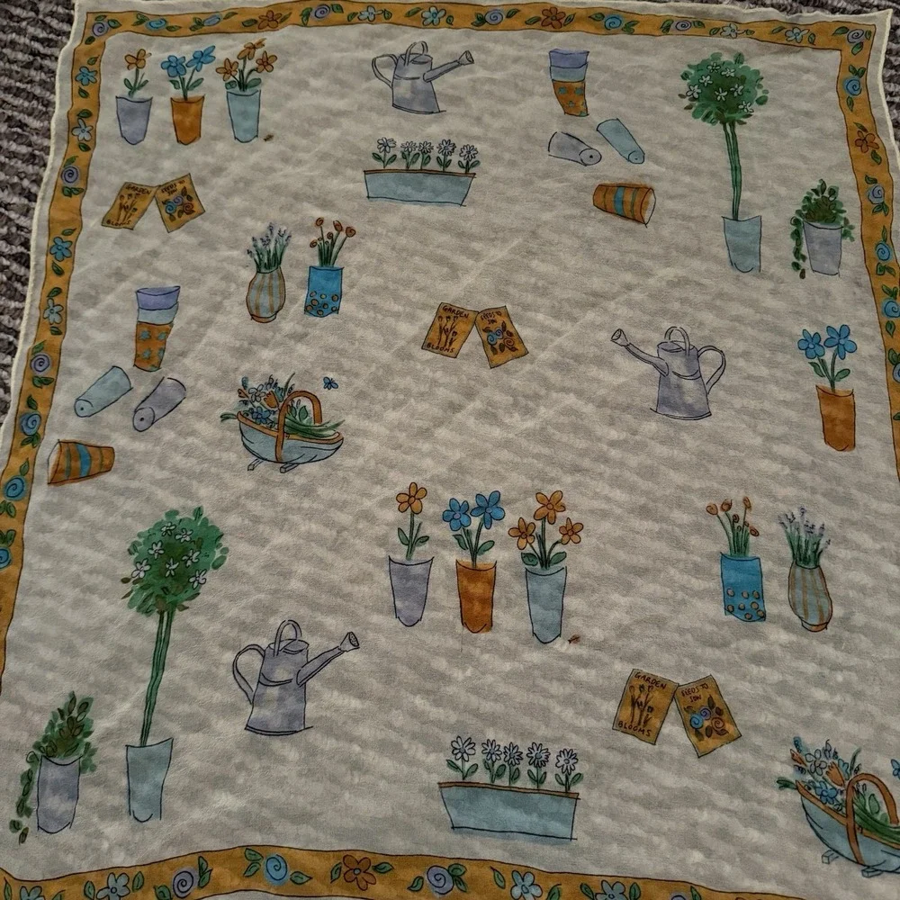 Vintage Silk Scarf Garden Motif Cottagecore Floral Plant Print Square